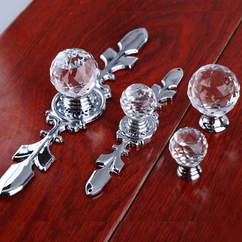 

Fashion deluxe clear crystal dresser kitchen cabinet door handles silver glass drawer cupboard knobs pulls modern simple chrome