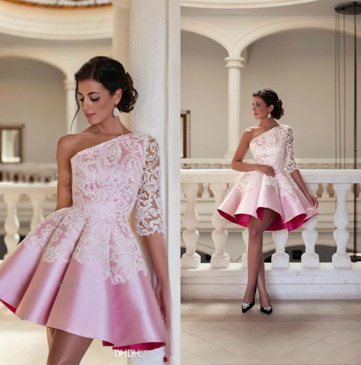 

2019 Cheap Cocktail Dresses One Shoulder Newest Satin Lace Applique A Line Short Homecoming Dress Prom Party Gowns Baby Pink, Green