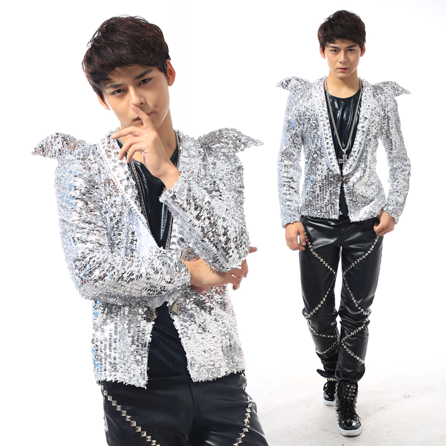 

Wholesale-S-XXL ! Nightclub stage men's brand singer star costume sequined jacket men shrug suit Korean fashion suit, Silver