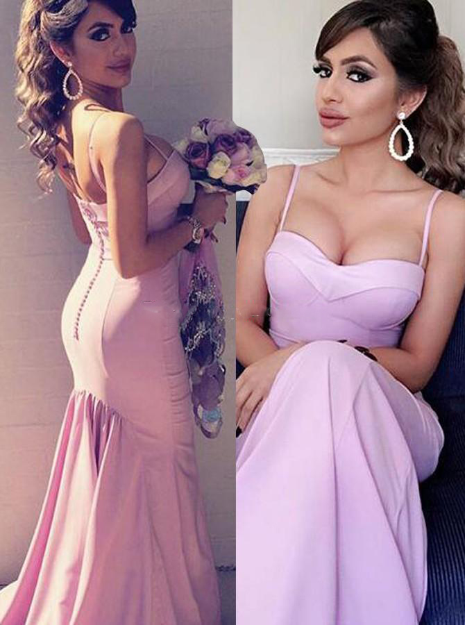 

Sexy Spaghetti Mermaid Long Bridesmaid Dresses For Wedding Back Covered Buttons Ruched Satin Maid Of Honor Gowns Women Prom Party Dresses