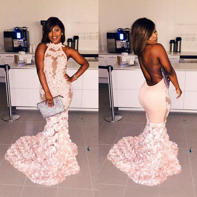 

Blush 3D Appliqued Long Prom Dresses Halter High Neck See Through Flowers Long Train Evening Wear Formal Party Gowns, Champagne