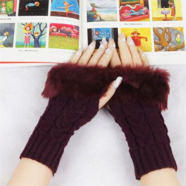 

Free Shipping Lady Women Winter Knitted Fingerless Faux Rabbit Fur Wrist Hand Warmer Gloves Mitten