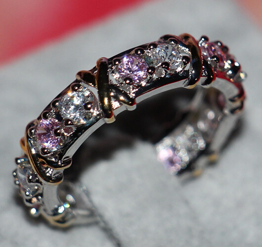 

Wholesale - Size 5-11 Brand New fashion jewelry 925 sterling silver pink sapphire Simulated Diamond Wedding Engagement Band Rings for Women, Slivery;golden