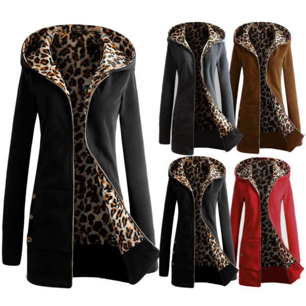 

Wholesale-2016 New Euroepan Style Women Fashion Long Sleeve Zipper Hooded Winter Warm Coat Female Leopard Fleece Jacket Outerwear, Red