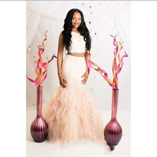 

2016 Two Pieces Lace Mermaid Prom Dresses Sheer Jewel Neck Party Gowns Sequins Tulle Women Custom Made Special Occasion Dresses, Pink