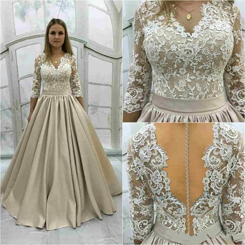 2017 Wedding Dresses Elegant Champagne V Neck Lace Appliques Beads Half Sleeves Sheer Back Floor Length Satin Plus Size Bridal Gowns Custom