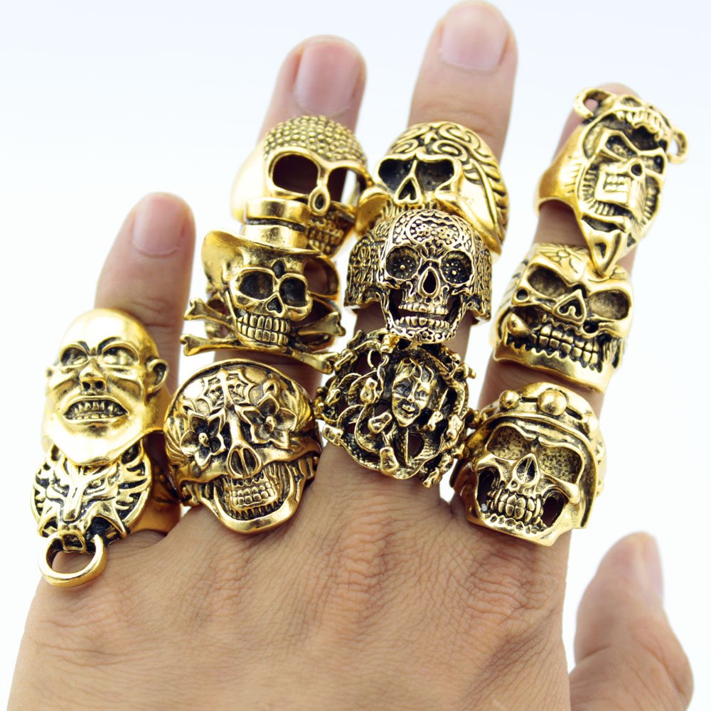 

Wholesale- 12 Piece/lot Wholesale Mix Big in Jewelry Gold Plate Top Quality Bohemian Statement Punk Ring for Men Free Shipping