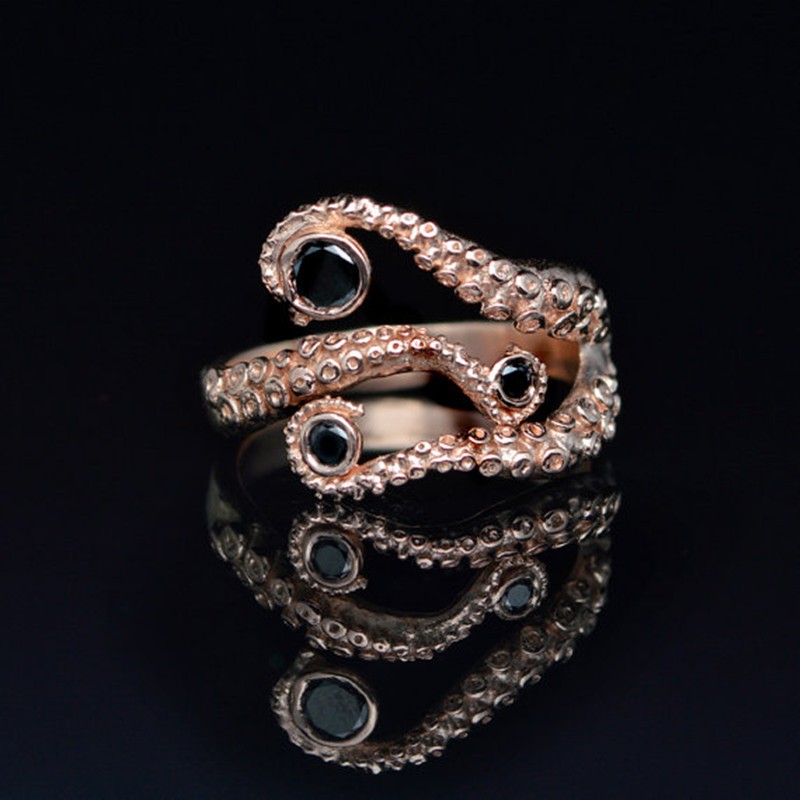 

Tentacle Ring Octopus Ring Seductive Tentacle Ring in Rose Gold Plating and Black Rhinestone by Octopus wedding rings for women