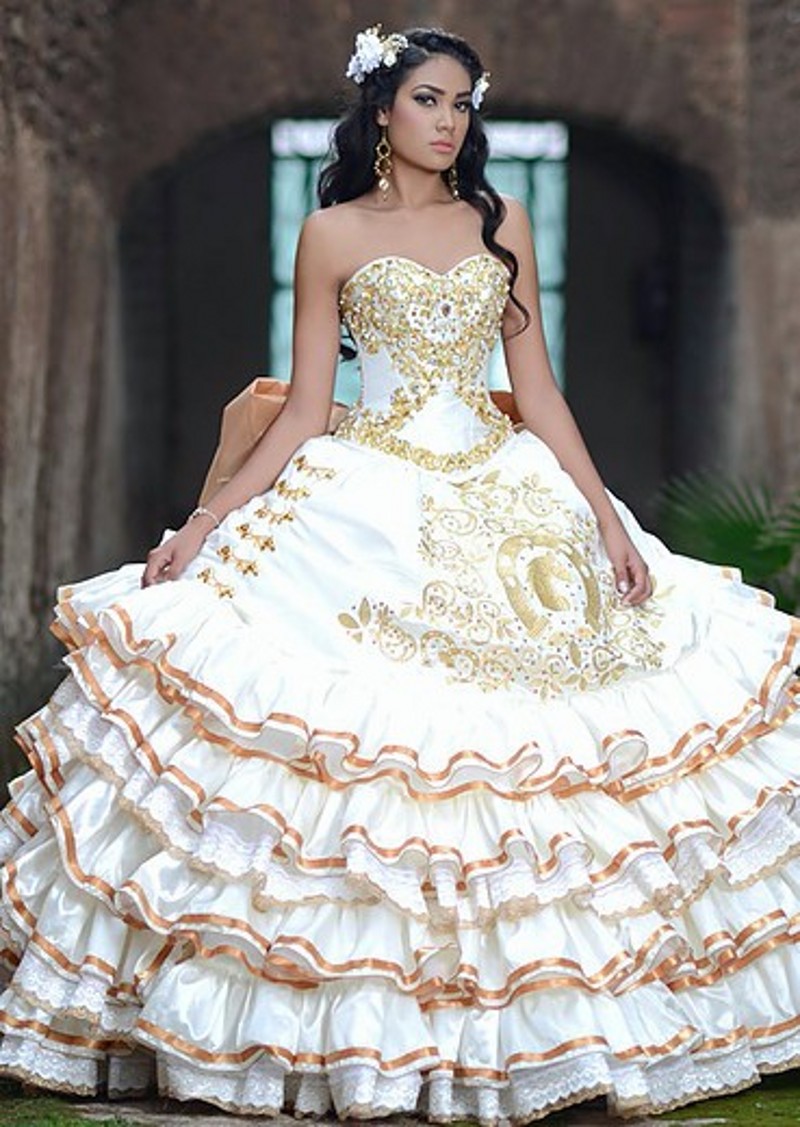 

2017 New White Gold Satin Ball Gowns Embroidery Quinceanera Dresses With Beads Sweet 16 Dresses 15 Year Prom Gowns QS1005, Same as picture