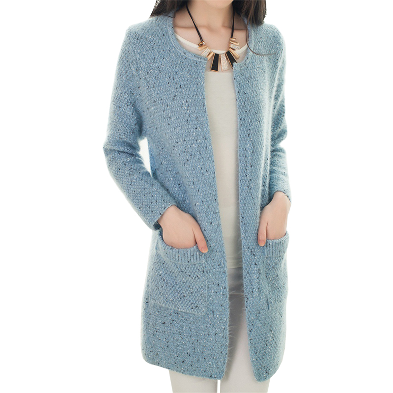 

Wholesale- Cardigan coat Korean temperament pocket sweater women long variegated knit sweaters jacket round neck thick vestidos MMY028, Beige