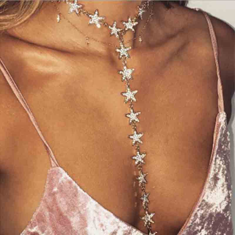 

Gold Color Long Five Pointed Stars Choker Necklace 2018 New Crystal Rhinestone Necklace Women Fashion Body Jewelry