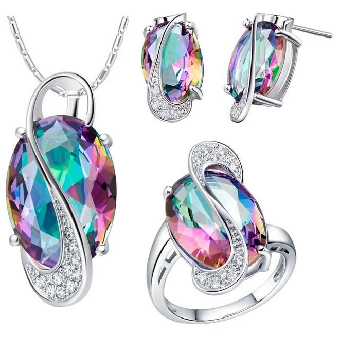 

Wedding Jewelry Sets for Brides 925 Sterling Silver Colored Stud Earrings Ring Necklace Bridal Jewelry Set HJIA844, Photo color
