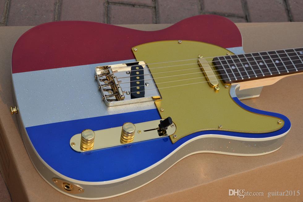 

Custom Shop Buck Owen Limited Edition TELE 1996 Red White Blue Big Sparkle Electric Guitar Gold Pickguard Golden Hardware