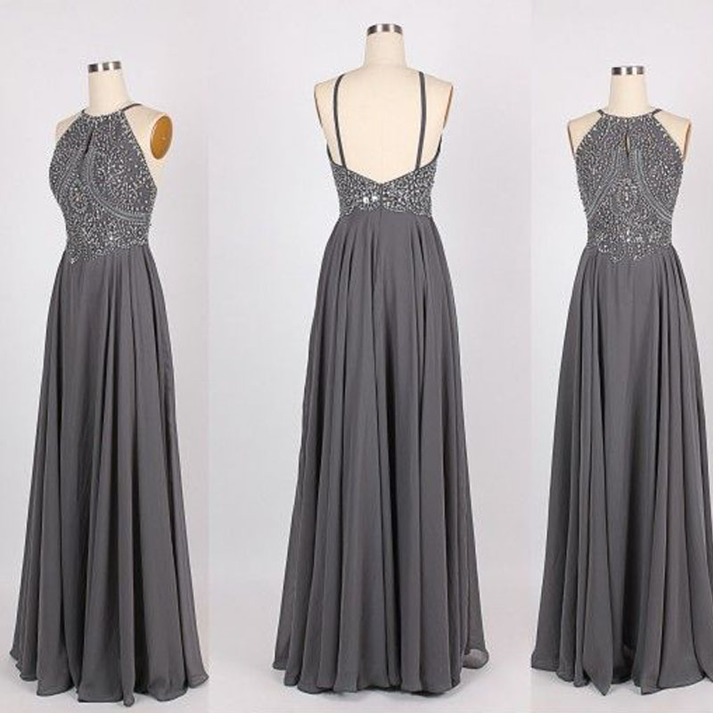 

High Quality Custom Made Grey Prom Dress A Line Halter Neck Beaded Sequins Top Open Back Floor Length Evening Party Gowns Custom Made, Lilac