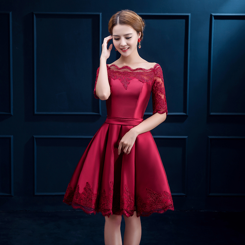 Demi manches dentelle Satin robe de Cocktail courte 2020 élégant femmes robe fête élégante genou longueur robes de soirée bordeaux