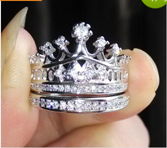 

Wholesale fine Three Stone Rings Retro Size 5-10 jewelry 925 silver filled white Topaz Wedding Crown Ring Set gift
