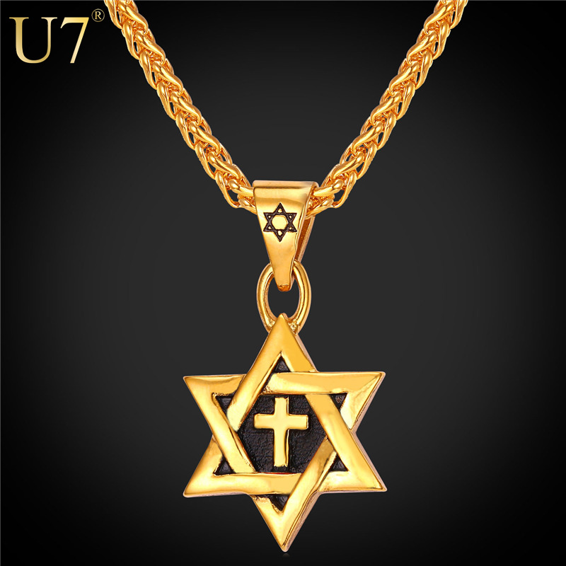 unique Hot Magen Star of David Pendant Cross Necklace Women Chain 18K Gold plated Men Stainless Steel Israel Jewish Necklace P819-image-386851950