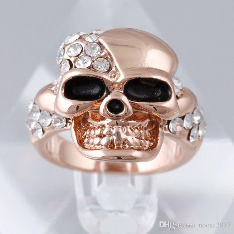 

Luxury Stainless Steel Gothic Skull rose gold rings Vintage EuropeStyle Punk titanium steel Skull Rings 3D womens Skeleton ring US Size 6-9