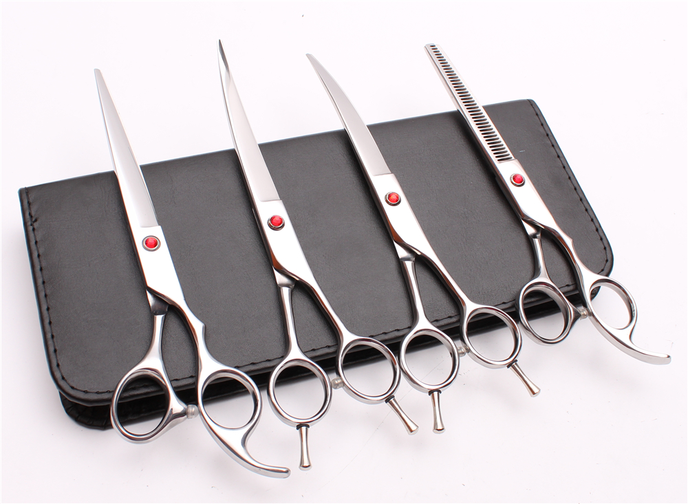 

C3002 4Pcs 7'' 440C Customized Logo Professional Pets Grooming Hair Scissors Cutting+Thinning+UP &Down Curved Shears Dog Fur Clipper Shears