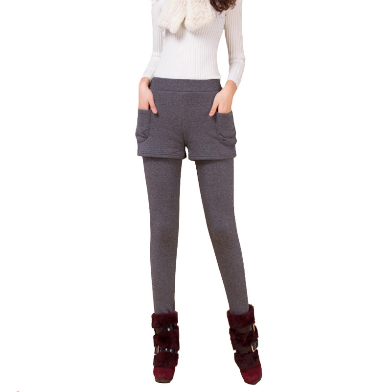 

Leggings Shorts Winter Thick Velvet Leggings Women Plus Size -3XL Fake Two Piece Skinny Shorts Leggings Trousers Pocket, Black