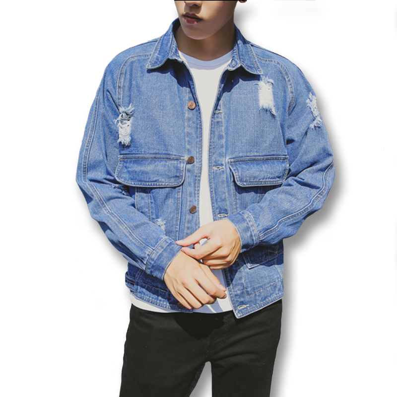 

Wholesale- 2016 New Men Denim Jeans Ripped Hole Jackets Coats Cardigans Men's Casual Fashion Slim Fit Long Sleeved Denim Jackets Outwear, Blue