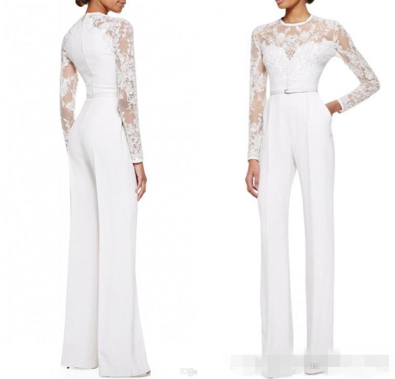 

New White Elie Saab Mother Of The Bride Pant Suits Jumpsuit With Long Sleeves Lace Embellished Women Formal Evening Dresses Wear Custom Made, Hunter green
