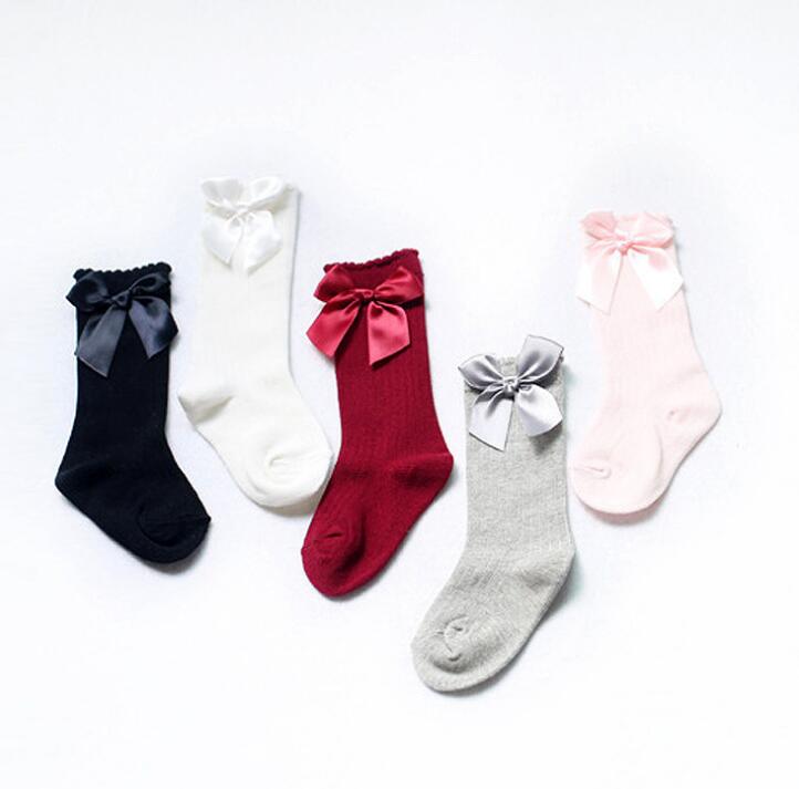 

13604 Europe New Sweet Infant Girls Socks Baby Ribbon Bow Sock High 3/4 Knee Kids Princess Socks Warm Legs Baby Socks 5 Colors, As the picture