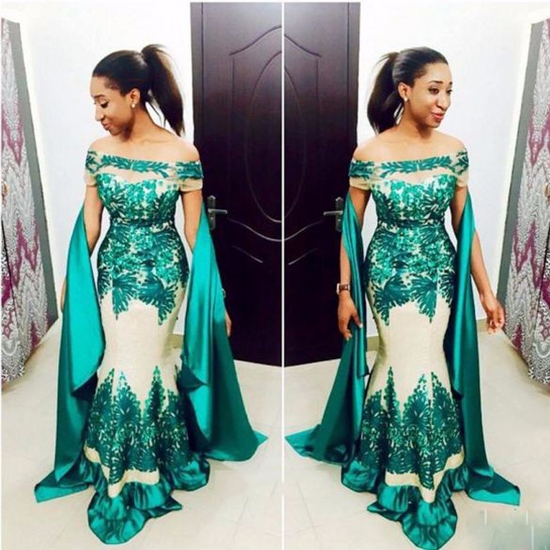 

Hunter Green Black Girl Prom Dresses 2017 Off Shoulder Short Sleeves Lace Applique Evening Gowns With Ribbon Sweep Train African Gowns, Dark red