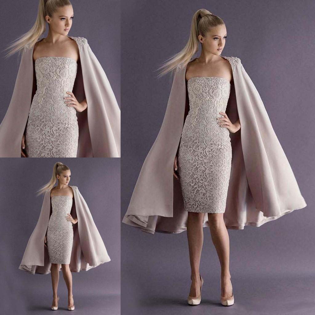 

Lace Sheath Strapless Prom Dresses With Cape Sexy Ruched Sleeveless Zipper Backless Formal Dresses Charming Knee Length Evening Dresses, Red