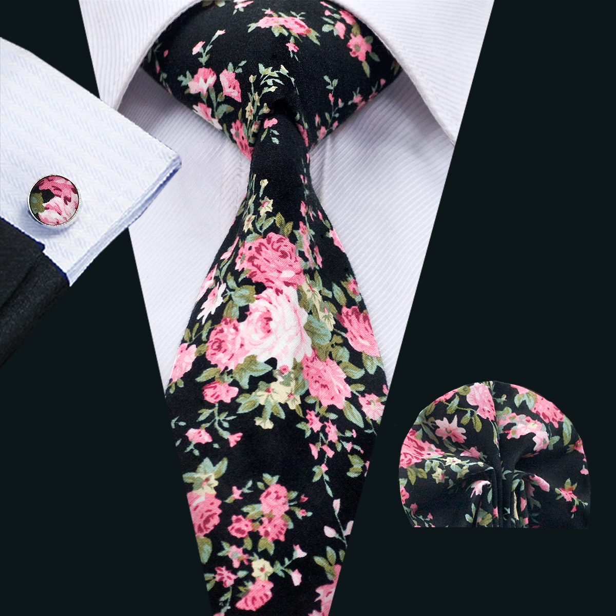 

Floral Ties for Men Classic Cotton Neck tie Tie Sets Tie Hanky Cufflinks Sets Formal Business Wedding Party N-1359, Black;blue