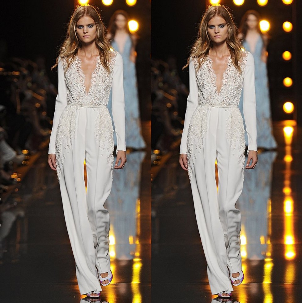 

Zuhair Murad Jumpsuits Lace Mother Of The Bride Pant Suits Long Sleeves Wedding Guest Dress Deep V Neck Plus Size Dresses Evening Wear