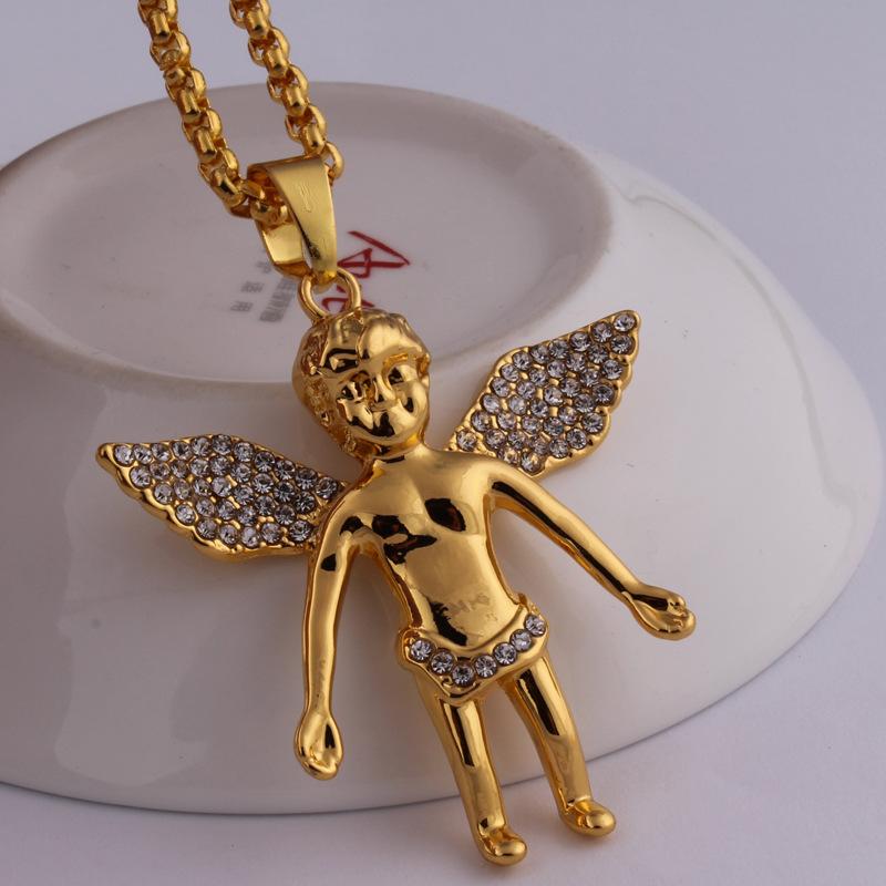 

gold chain for men bling bling hip hop jewelry Micro Angel Piece Necklace cherub pendant colar 24K real gold chain collier femme, Silver