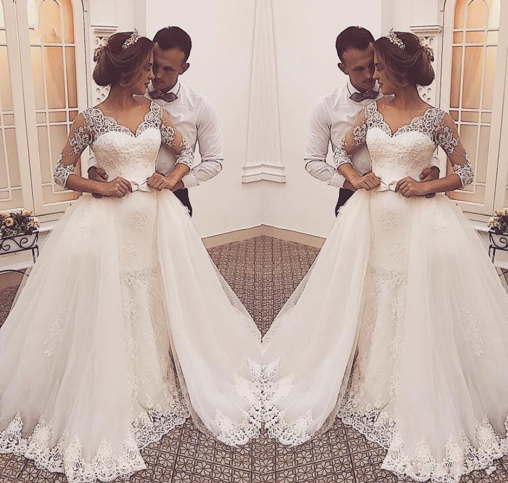 

2017 Mermaid Wedding Dresses Sweetheart Three Quarter Sleeves Lace Appliques Beaded Illusion Bow Detachable Skirt Custom Formal Bridal Gowns, White