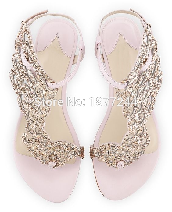 

newest pink glitter angel-wing flat sandals leaf rhinestone lady summer rome sandals shoes party dress women leather shoes, Multi