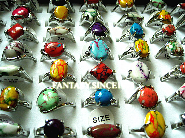 

wholesale bulk lots 24PCs mixed styles natural rainbow stone women's metal alloy Ethnic fashion jewelry rings, Golden;silver