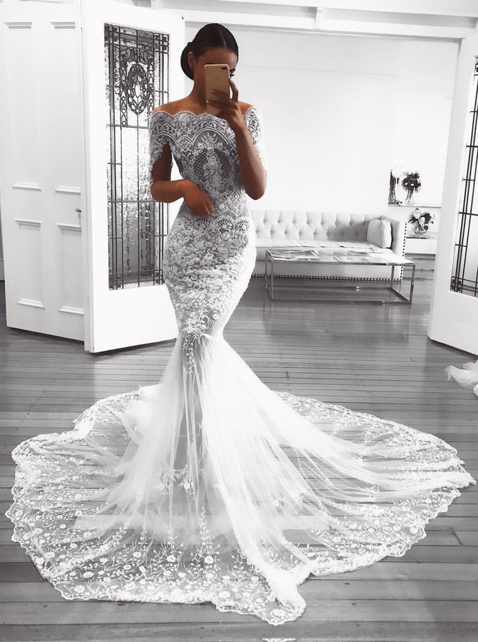

Gorgeous Mermaid Lace Wedding Dresses With Half Sleeves Beaded Off The Shoulder Bridal Gowns Applique Cheap Trumpet Tulle Wedding Dress, White