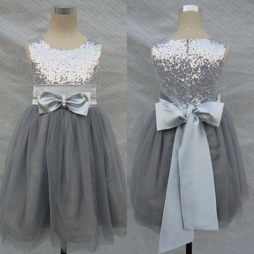 white flower girl dress with grey sash