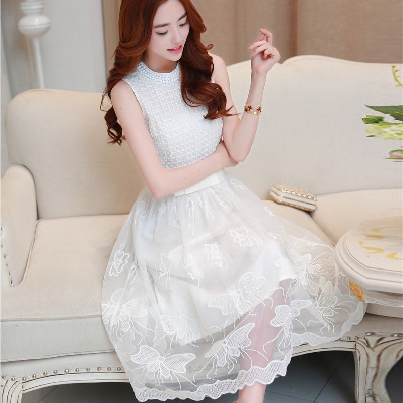 2016 été nouveau coréen perlé broderie dentelle princesse Qun Zi robe à manches longues robe sans genou