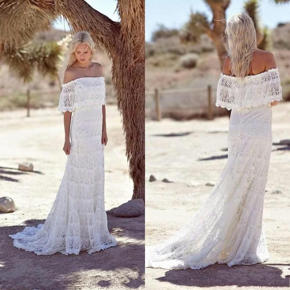 

Bohemia Ivory Lace wedding Dresses Sexy Off Shoudler A Line Back Zipper Romantic Vestido De Novia Beach Bridal Gowns, White