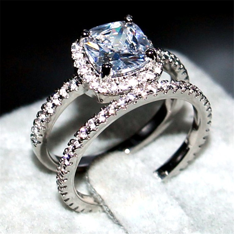 

Fashion 3ct Princess-cut Topaz gemstone Rings set 2-in-1 Diamond Jewelry 925 Sterling Silver Engagement Wedding Band Ring For Women