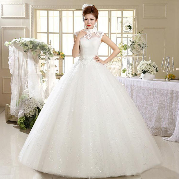 

Sparkly High Neck Ball Gown Wedding Dresses Princess Sheer Cap Sleeves Crystals Lace Appliques Sequined Tulle Corset Bridal Gowns, Champagne