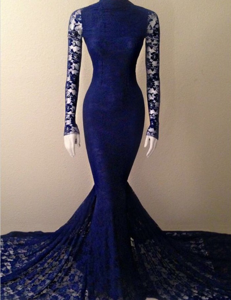 

New Arrival Navy Blue Mermaid Lace Prom Dress High Neck See Through Long Sleeves Women Wear Special Occasion Dress Evening Party Dress, Lavender
