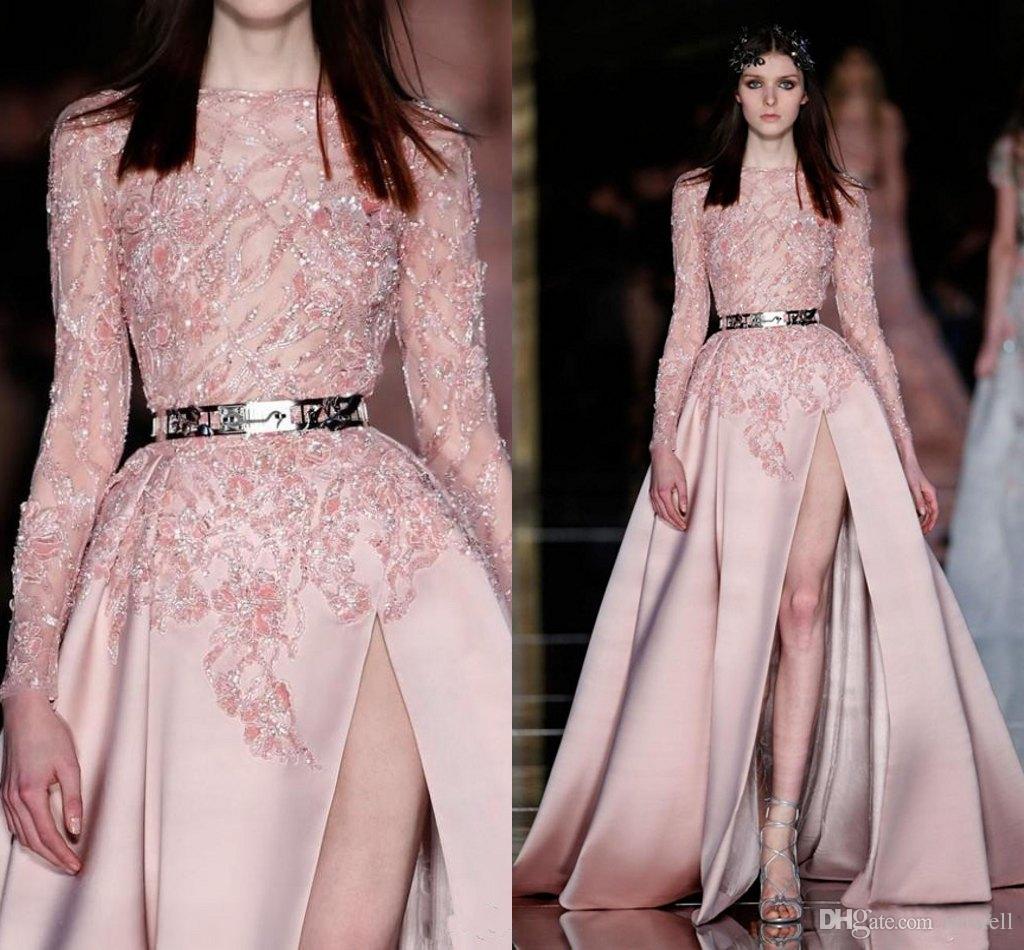 

New Zuhair Murad Prom Dresses Appliqued Beaded Split Long Sleeves Evening Gowns Sweep Train Formal Prom Dress, Silver