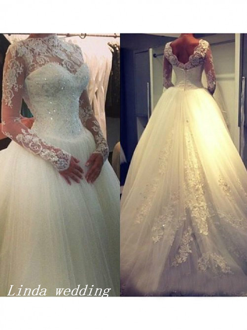 

Free Shipping Vintage Long Sleeves Wedding Dress A-line Princess High Neck Beading Court Train Bridal Gown, Ivory