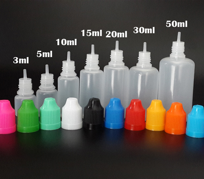 

E juice Dropper Bottles 3ml 5ml 10ml 15ml 20ml 30ml 50ml 60ml PE Soft Needle Bottle with Childproof Cap and fine Tip