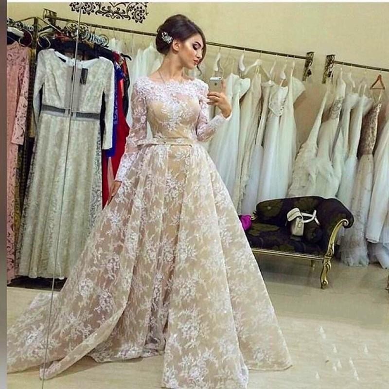 

White Champagne Lace Evening Dresses Long Sleeves Zuhair Murad Elegant Robe De Soiree Formal Sweep Train Prom Dresses With Belt, Light yellow