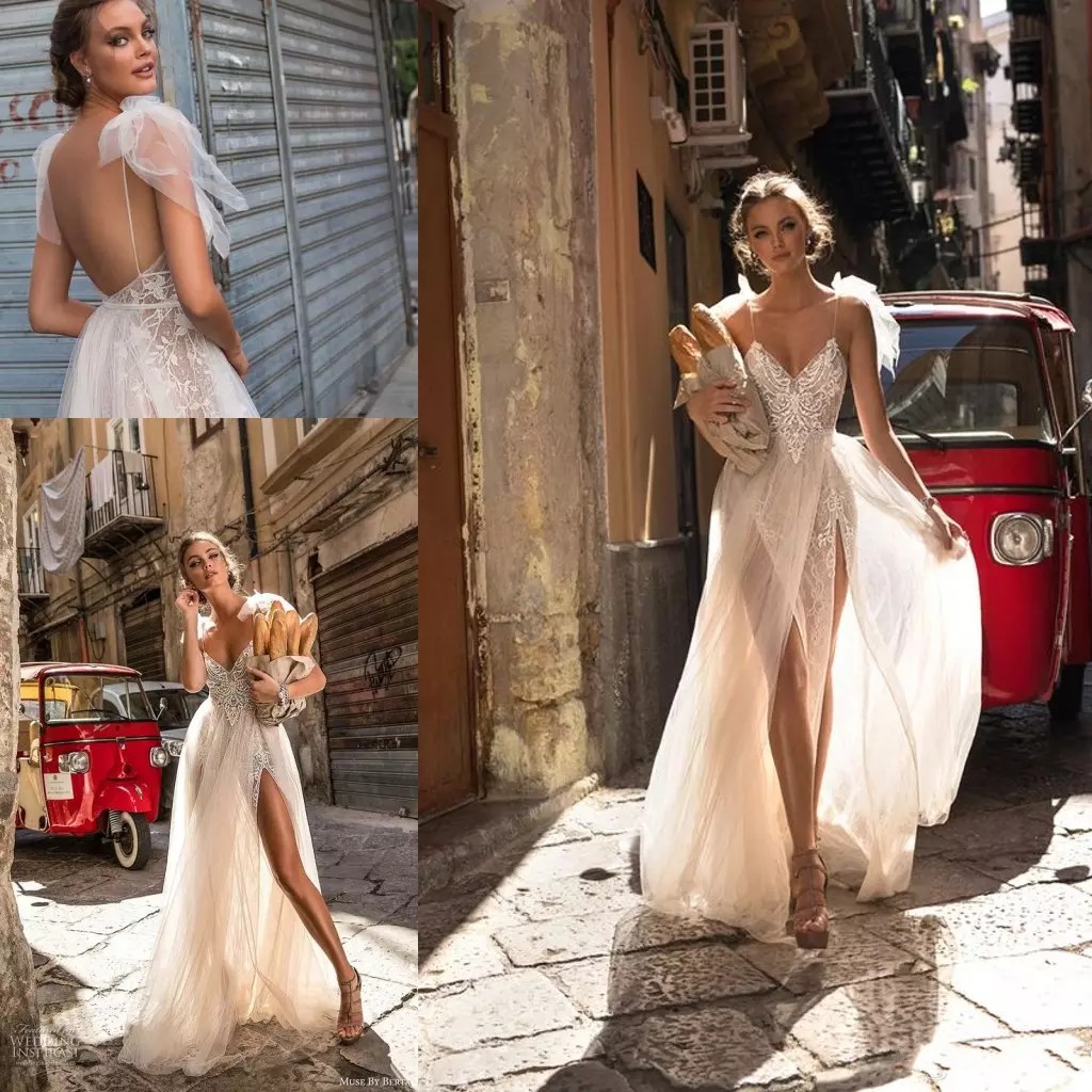 

Berta Sexy 2020 Beach Wedding Dresses Spaghetti Lace Appliqued Backless Double Split Elegant Bohemian Garden Cheap Bridal Dress, White