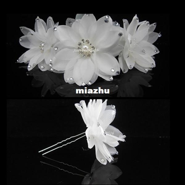 12 PCS Satin Blanc Fleur Cristal Nouvelles Cheveux Pins Mariée De Mariage Accessoires De Cheveux Livraison Gratuite