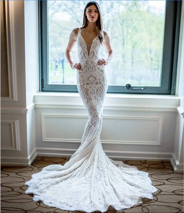 

Sexy Mermaid Wedding Dresses Full Lace Applique Deep V Neck Country Sheer Bridal Gowns Custom Made Chic Beach Sweep Train Wedding Dresses, Black