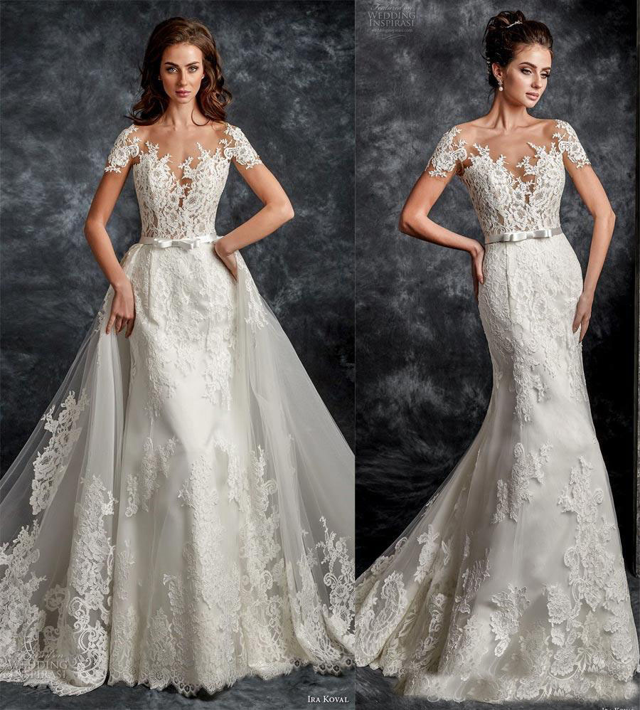 

2018 Vintage Applique Lace Mermaid Wedding Dresses With removable Skirt Sheer Neck Sleeves Formal Church Bridal Gown Robe Mariage, Custom made from color chart
